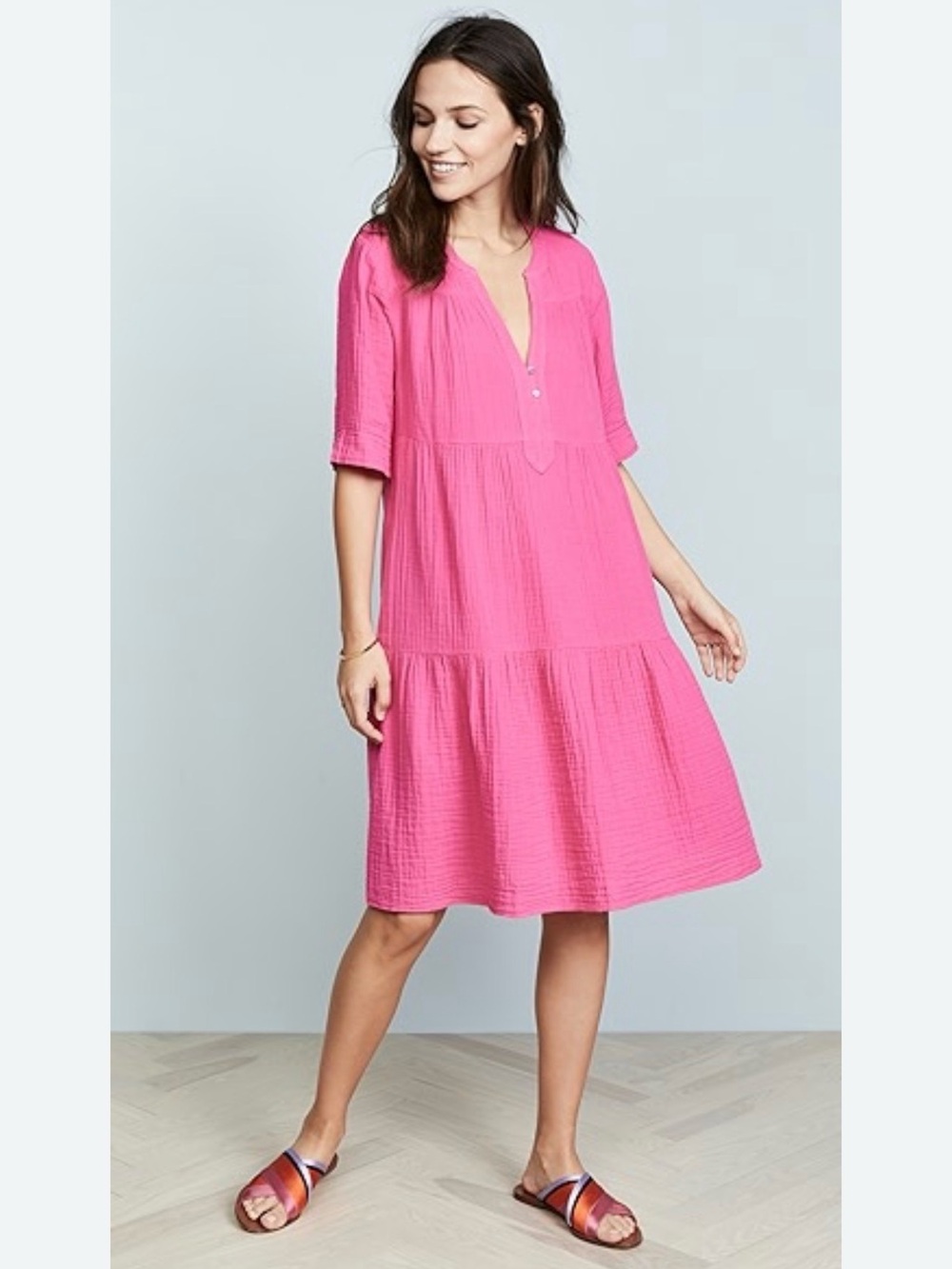 Xirena Bright Pink Tiered V-Neck Cotton Dress
